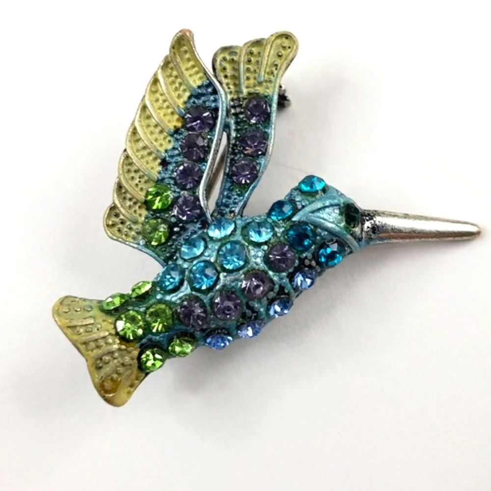 Vintage Hummingbird Brooch Pin rhinestones in purple blue teal lime green